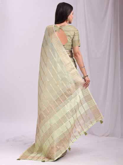 Astita  Light Green Organza Saree with Subtle Zari Weave | Lightweight Festive Saree for Women | Elegant Traditional Look | Golden Border & Pallu | Perfect for Weddings, Puja & Gifting