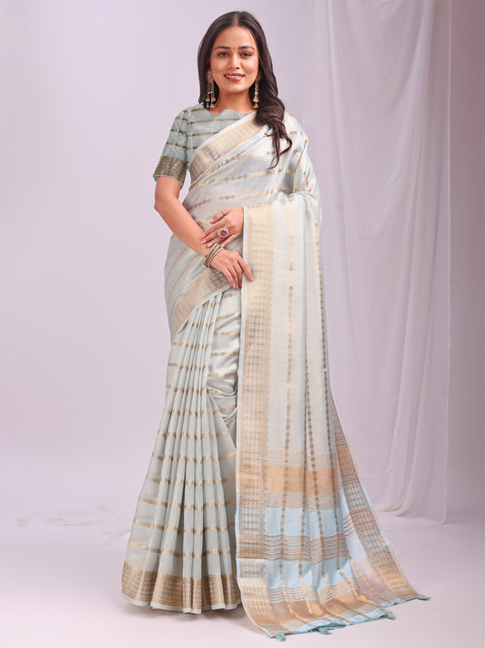 Astita  Sky Blue Organza Saree with Subtle Zari Weave | Lightweight Festive Saree for Women | Elegant Traditional Look | Golden Border & Pallu | Perfect for Weddings, Puja & Gifting