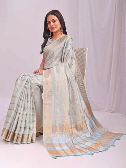 Astita  Sky Blue Organza Saree with Subtle Zari Weave | Lightweight Festive Saree for Women | Elegant Traditional Look | Golden Border & Pallu | Perfect for Weddings, Puja & Gifting