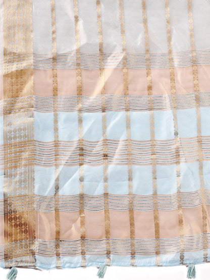 Astita  Sky Blue Organza Saree with Subtle Zari Weave | Lightweight Festive Saree for Women | Elegant Traditional Look | Golden Border & Pallu | Perfect for Weddings, Puja & Gifting