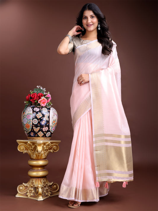 Astita Elegant Light Pink Woven Linen Saree with Contrast Zari Border & Tassels – Soft & Breathable Party Wear