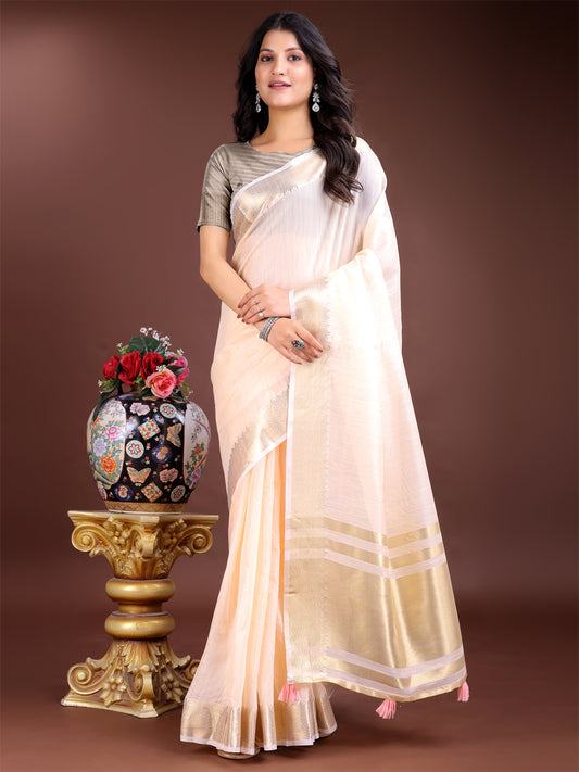Astita Elegant Peach Woven Linen Saree with Contrast Zari Border & Tassels – Soft & Breathable Party Wear