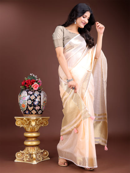 Astita Elegant Peach Woven Linen Saree with Contrast Zari Border & Tassels – Soft & Breathable Party Wear