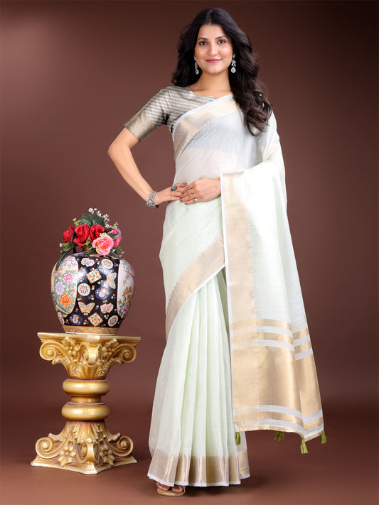 Astita Elegant Light Green Woven Linen Saree with Contrast Zari Border & Tassels – Soft & Breathable Party Wear