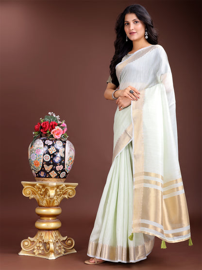 Astita Elegant Light Green Woven Linen Saree with Contrast Zari Border & Tassels – Soft & Breathable Party Wear