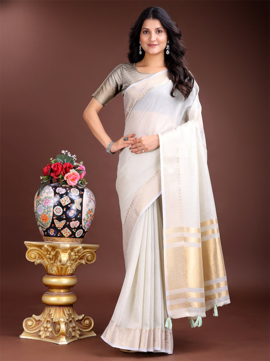 Astita Elegant Grey Woven Linen Saree with Contrast Zari Border & Tassels – Soft & Breathable Party Wear