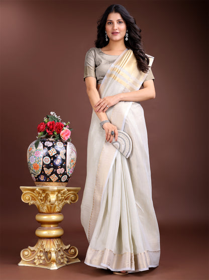 Astita Elegant Grey Woven Linen Saree with Contrast Zari Border & Tassels – Soft & Breathable Party Wear