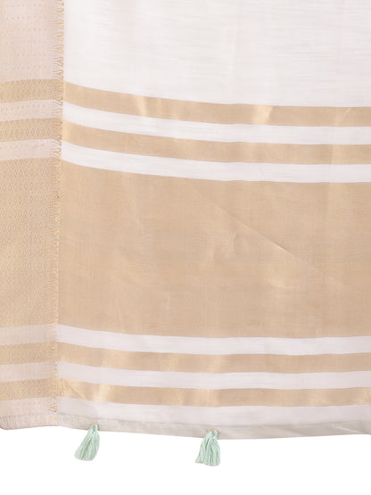 Astita Elegant Grey Woven Linen Saree with Contrast Zari Border & Tassels – Soft & Breathable Party Wear