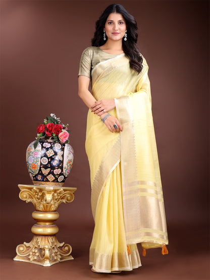 Astita Elegant Yellow Woven Linen Saree with Contrast Zari Border & Tassels – Soft & Breathable Party Wear