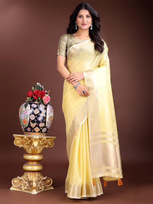 Astita Elegant Yellow Woven Linen Saree with Contrast Zari Border & Tassels – Soft & Breathable Party Wear