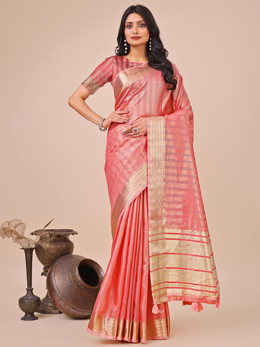 Astita Elegant Orange Organza Saree with Zari Border & Tassel Pallu – Lightweight Ethnic Wear for Festive & Wedding Occasions
