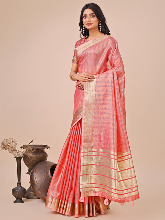 Astita Elegant Orange Organza Saree with Zari Border & Tassel Pallu – Lightweight Ethnic Wear for Festive & Wedding Occasions