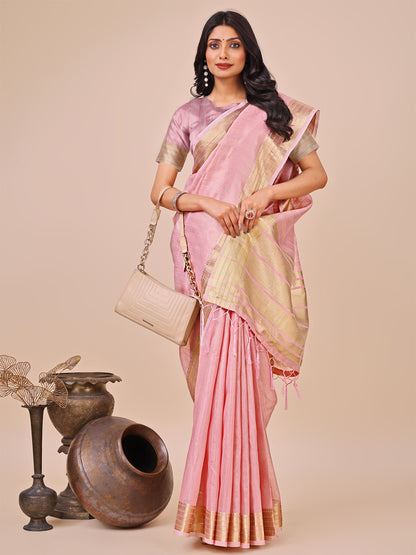 Astita Elegant Peach Organza Saree with Zari Border & Tassel Pallu – Lightweight Ethnic Wear for Festive & Wedding Occasions