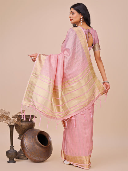 Astita Elegant Peach Organza Saree with Zari Border & Tassel Pallu – Lightweight Ethnic Wear for Festive & Wedding Occasions