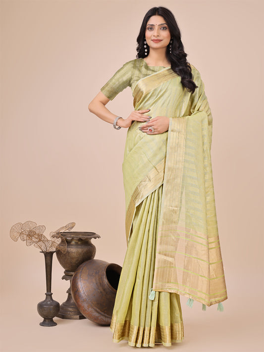 Astita Elegant Yellow Organza Saree with Zari Border & Tassel Pallu – Lightweight Ethnic Wear for Festive & Wedding Occasions