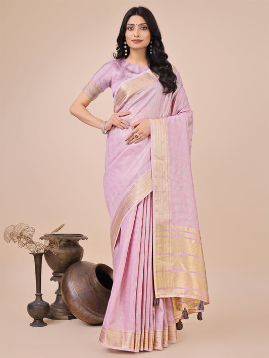 Astita Elegant Light Pink Organza Saree with Zari Border & Tassel Pallu – Lightweight Ethnic Wear for Festive & Wedding Occasions