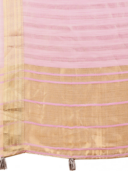 Astita Elegant Light Pink Organza Saree with Zari Border & Tassel Pallu – Lightweight Ethnic Wear for Festive & Wedding Occasions