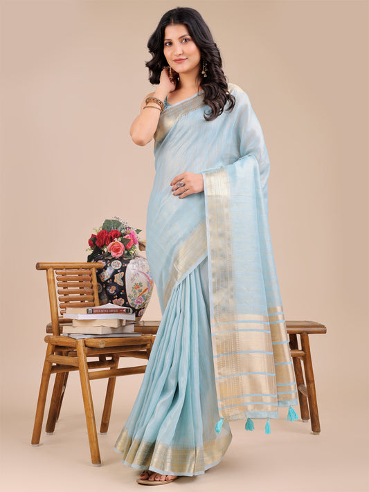 Astita Elegant Sky Blue Organza Saree with Zari Border & Tassel Pallu – Lightweight Ethnic Wear for Festive & Wedding Occasions