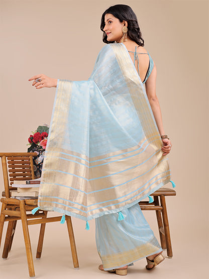 Astita Elegant Sky Blue Organza Saree with Zari Border & Tassel Pallu – Lightweight Ethnic Wear for Festive & Wedding Occasions