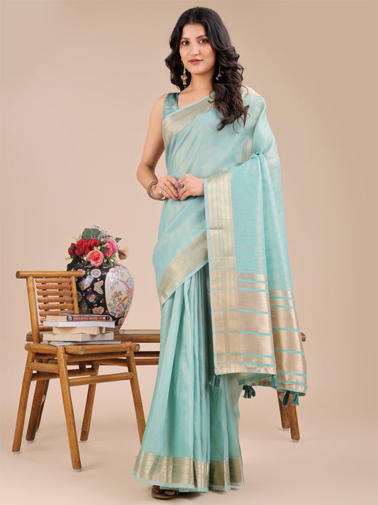Astita Elegant Sea Green Organza Saree with Zari Border & Tassel Pallu – Lightweight Ethnic Wear for Festive & Wedding Occasions