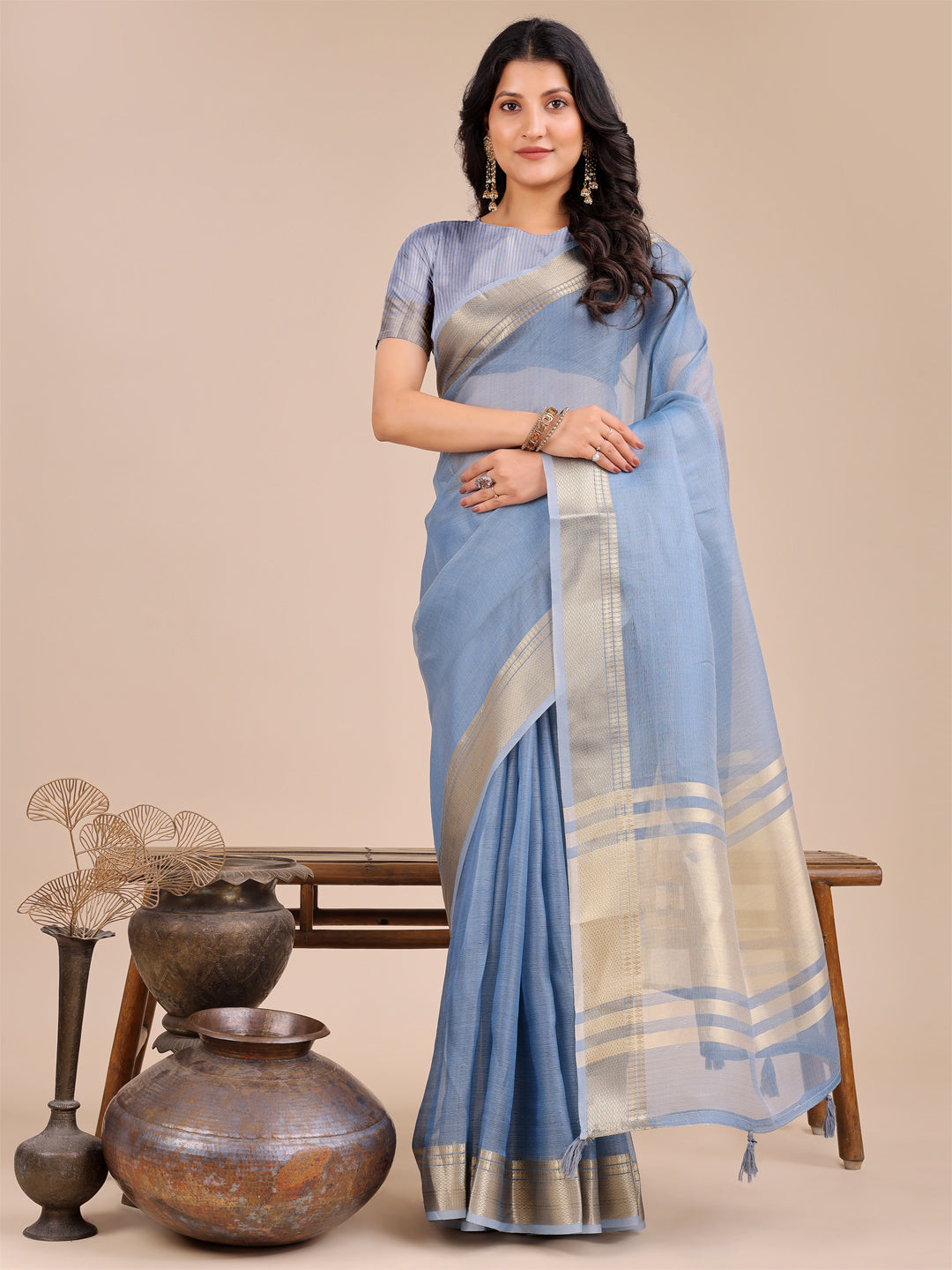 Astita Elegant Sky Blue Organza Saree for Women – Lightweight Saree with Silver Zari Border & Blouse Piece