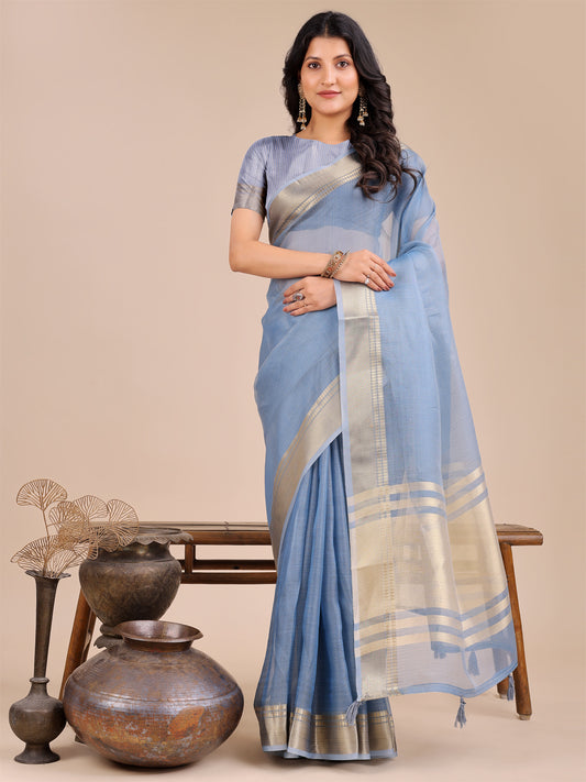 Astita Elegant Sky Blue Organza Saree for Women – Lightweight Saree with Silver Zari Border & Blouse Piece