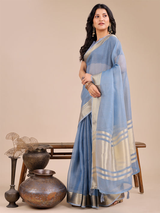Astita Elegant Sky Blue Organza Saree for Women – Lightweight Saree with Silver Zari Border & Blouse Piece