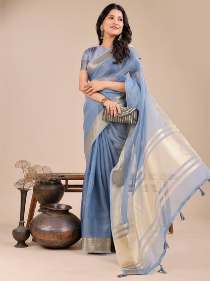 Astita Elegant Sky Blue Organza Saree for Women – Lightweight Saree with Silver Zari Border & Blouse Piece