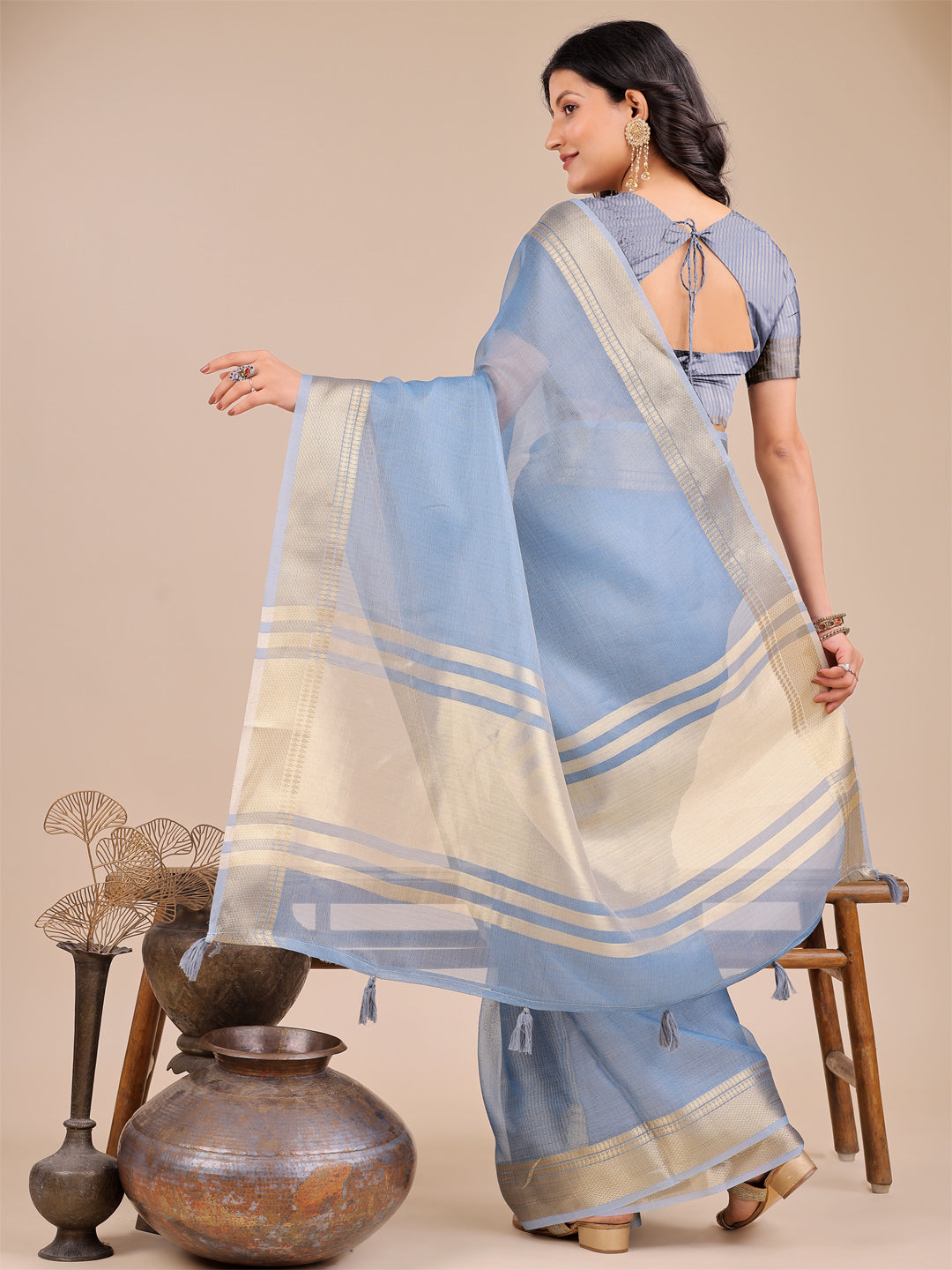Astita Elegant Sky Blue Organza Saree for Women – Lightweight Saree with Silver Zari Border & Blouse Piece