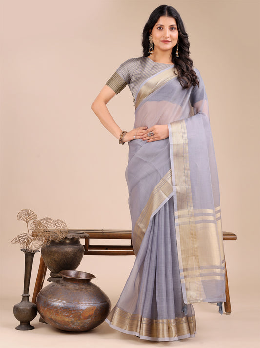 Astita Elegant Grey Organza Saree for Women – Lightweight Saree with Silver Zari Border & Blouse Piece