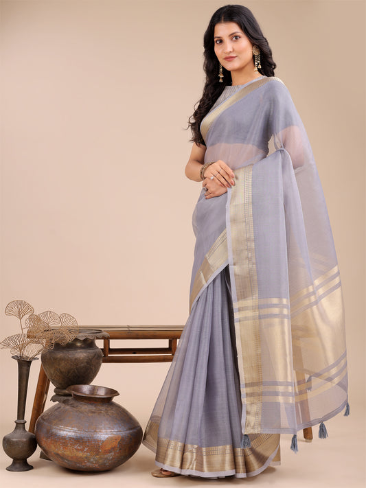 Astita Elegant Grey Organza Saree for Women – Lightweight Saree with Silver Zari Border & Blouse Piece