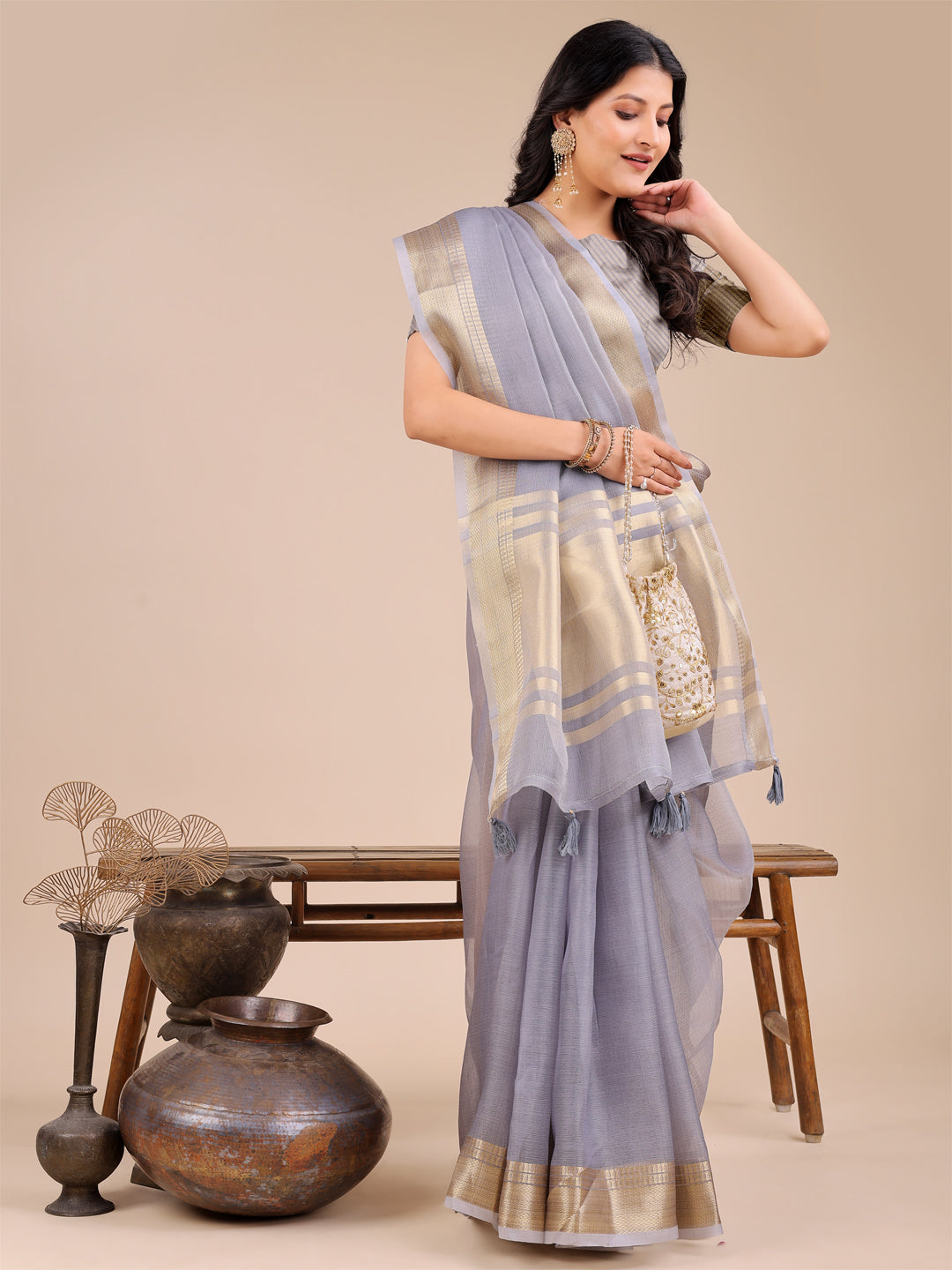 Astita Elegant Grey Organza Saree for Women – Lightweight Saree with Silver Zari Border & Blouse Piece