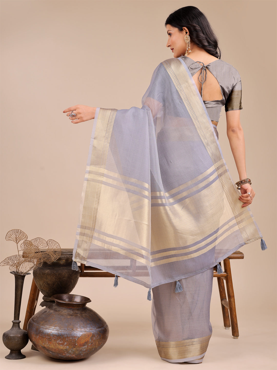 Astita Elegant Grey Organza Saree for Women – Lightweight Saree with Silver Zari Border & Blouse Piece