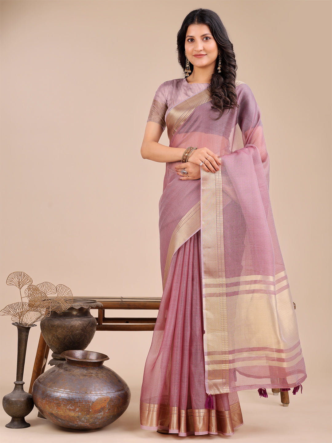 Astita Elegant Purple Organza Saree for Women – Lightweight Saree with Silver Zari Border & Blouse Piece