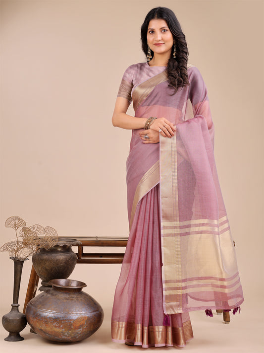 Astita Elegant Purple Organza Saree for Women – Lightweight Saree with Silver Zari Border & Blouse Piece