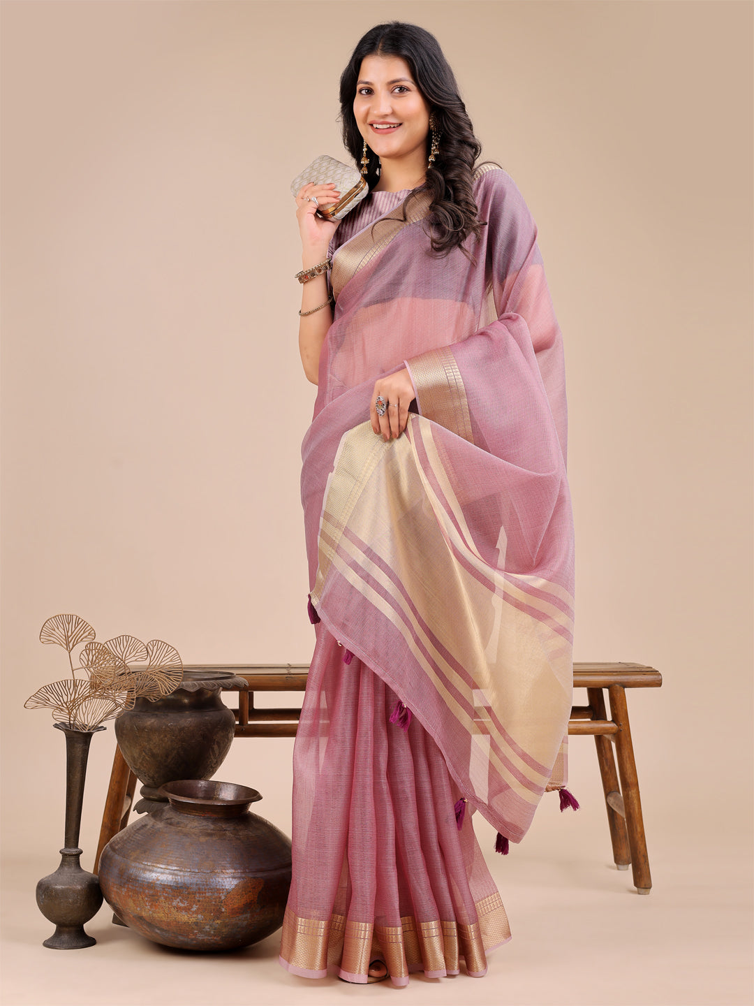 Astita Elegant Purple Organza Saree for Women – Lightweight Saree with Silver Zari Border & Blouse Piece