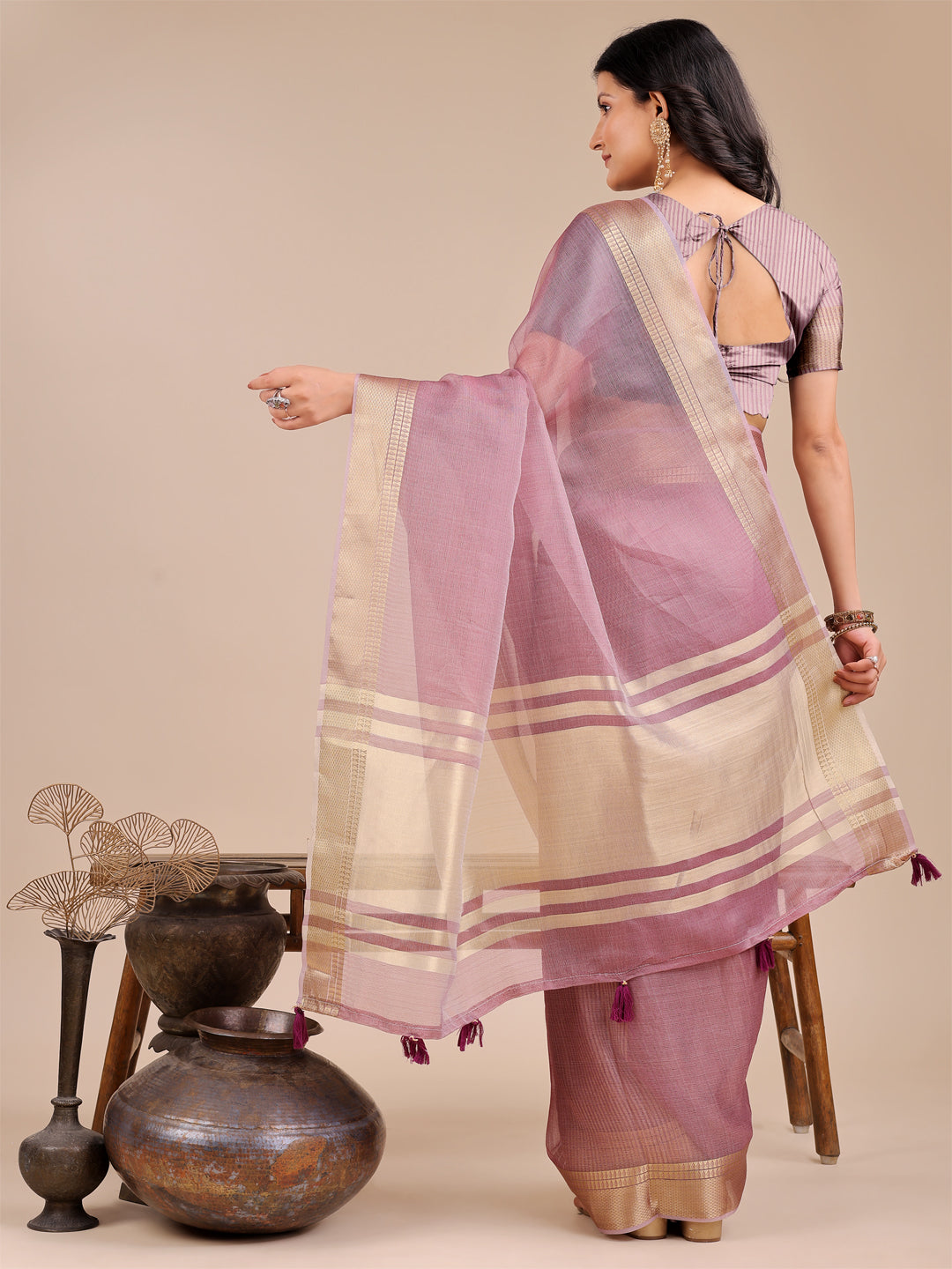 Astita Elegant Purple Organza Saree for Women – Lightweight Saree with Silver Zari Border & Blouse Piece
