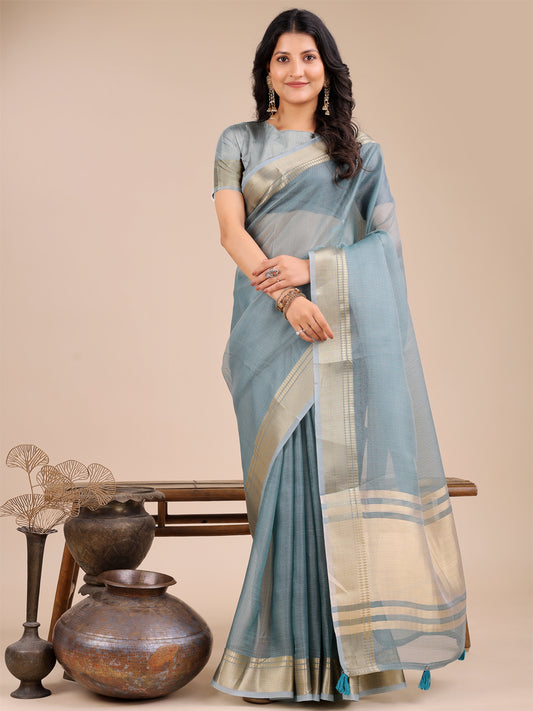 Astita Elegant Sea Green Organza Saree for Women – Lightweight Saree with Silver Zari Border & Blouse Piece