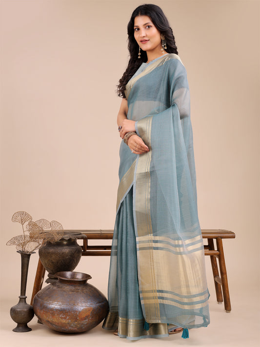 Astita Elegant Sea Green Organza Saree for Women – Lightweight Saree with Silver Zari Border & Blouse Piece
