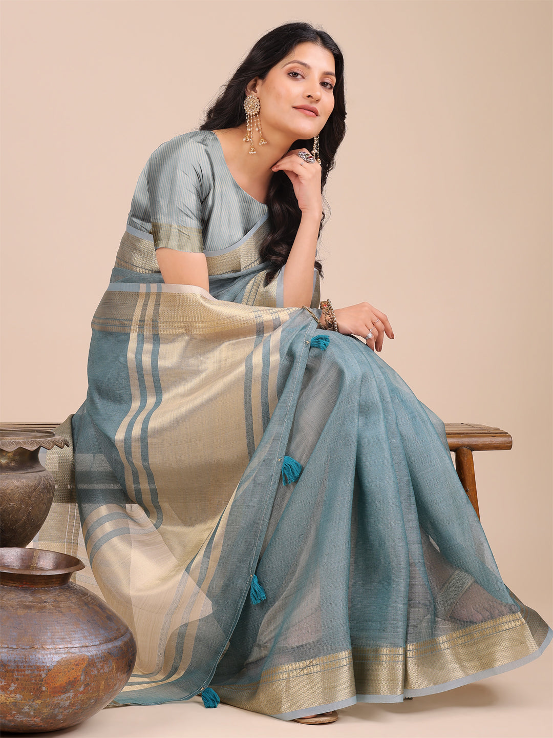 Astita Elegant Sea Green Organza Saree for Women – Lightweight Saree with Silver Zari Border & Blouse Piece
