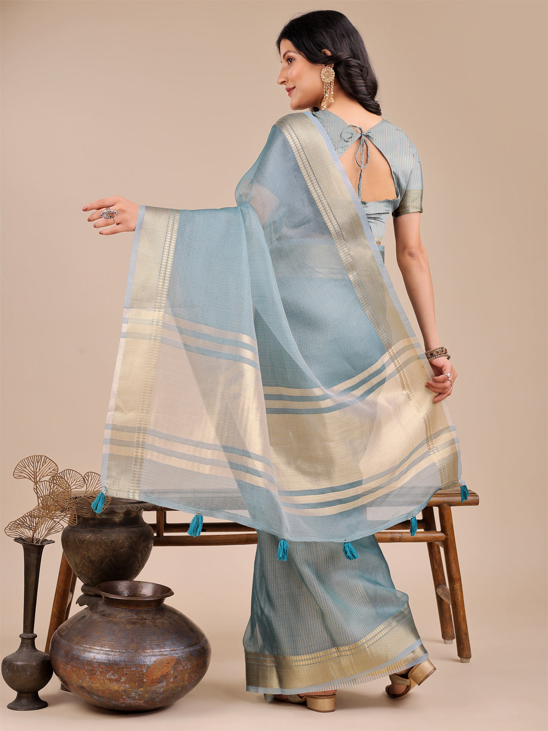 Astita Elegant Sea Green Organza Saree for Women – Lightweight Saree with Silver Zari Border & Blouse Piece