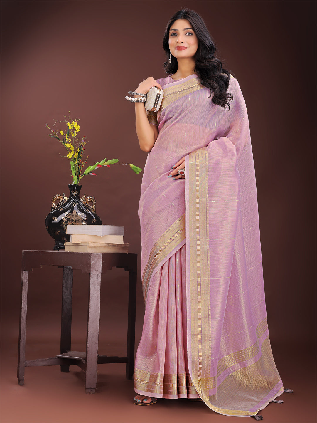 Astita Elegant Purple Organza Saree with Golden Zari Border – Festive & Office Wear Saree with Blouse Piece