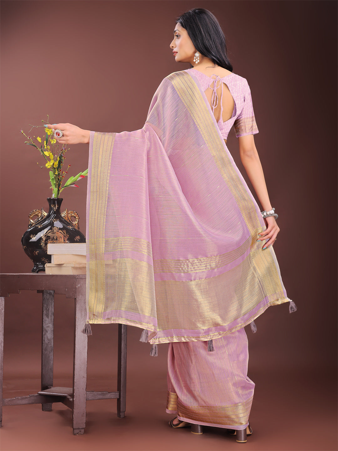 Astita Elegant Purple Organza Saree with Golden Zari Border – Festive & Office Wear Saree with Blouse Piece