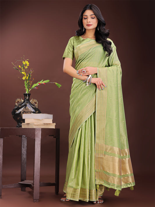 Astita Elegant Light Green Organza Saree with Golden Zari Border – Festive & Office Wear Saree with Blouse Piece