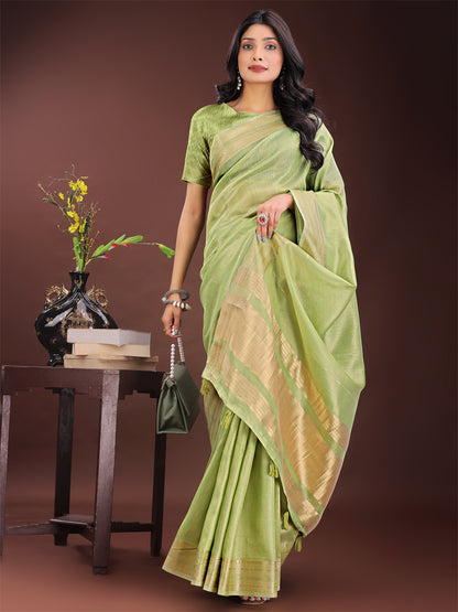 Astita Elegant Light Green Organza Saree with Golden Zari Border – Festive & Office Wear Saree with Blouse Piece