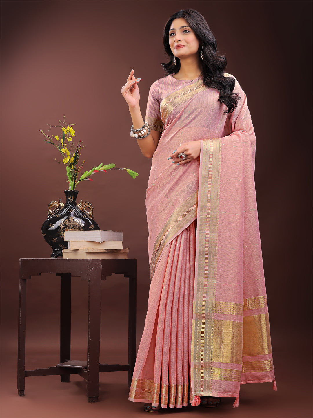 Astita Elegant Light Pink Organza Saree with Golden Zari Border – Festive & Office Wear Saree with Blouse Piece