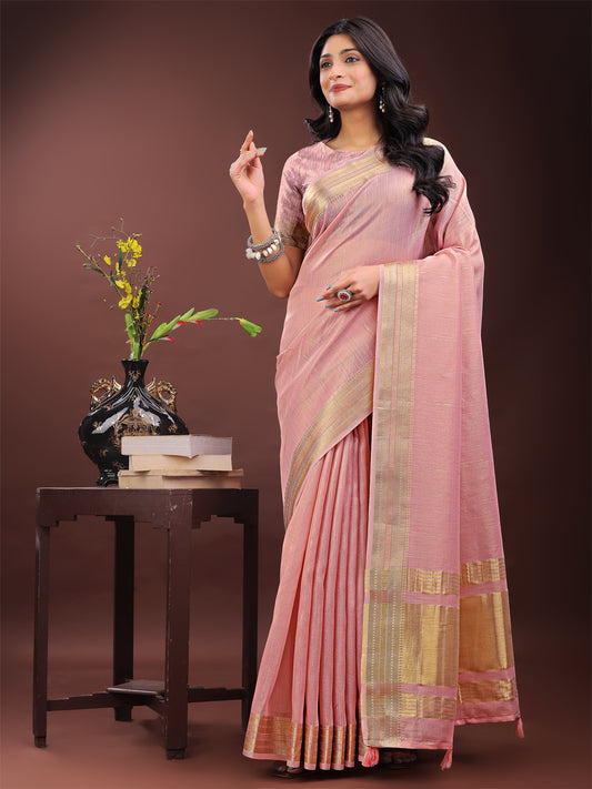 Astita Elegant Light Pink Organza Saree with Golden Zari Border – Festive & Office Wear Saree with Blouse Piece