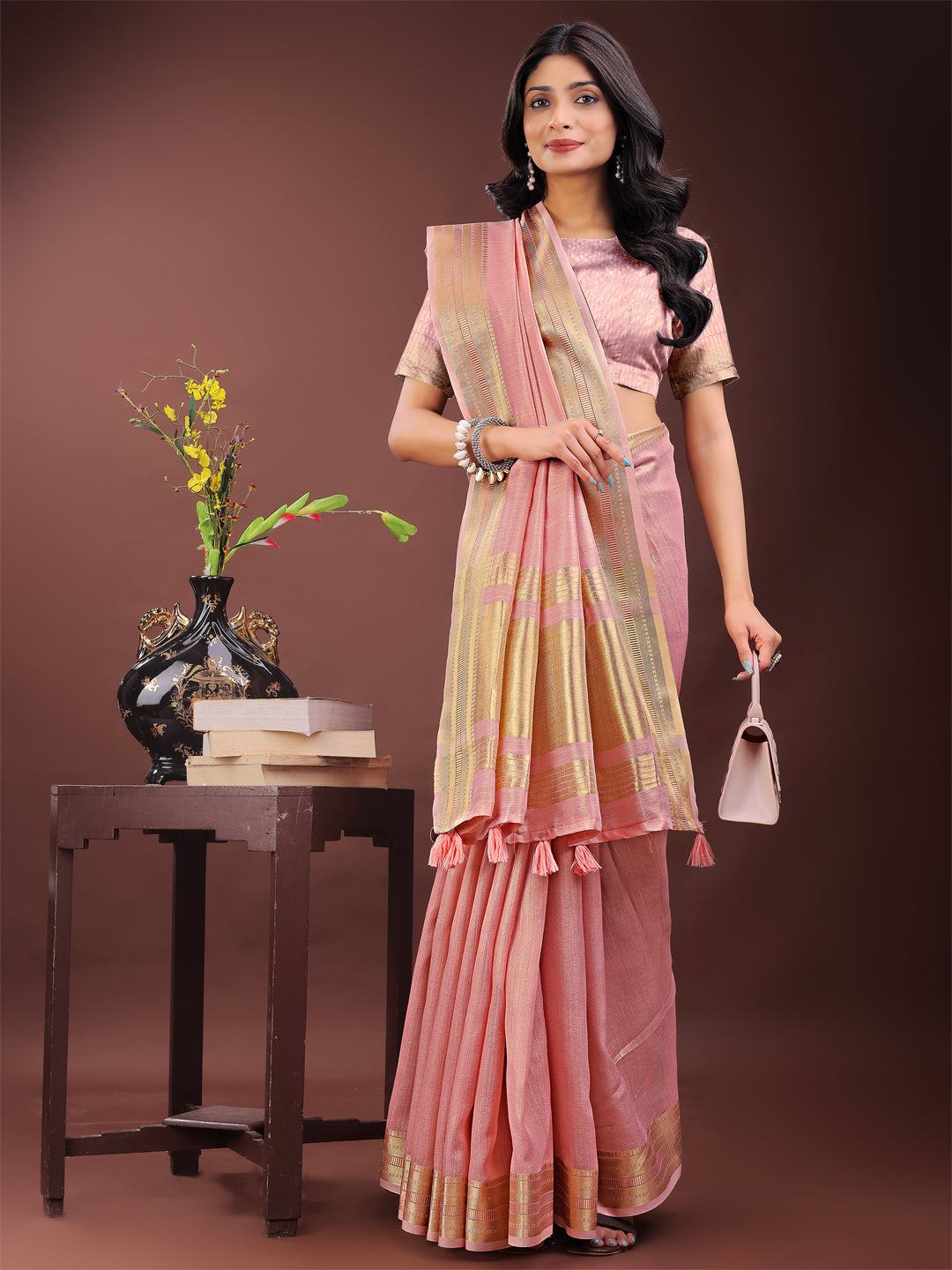 Astita Elegant Light Pink Organza Saree with Golden Zari Border – Festive & Office Wear Saree with Blouse Piece