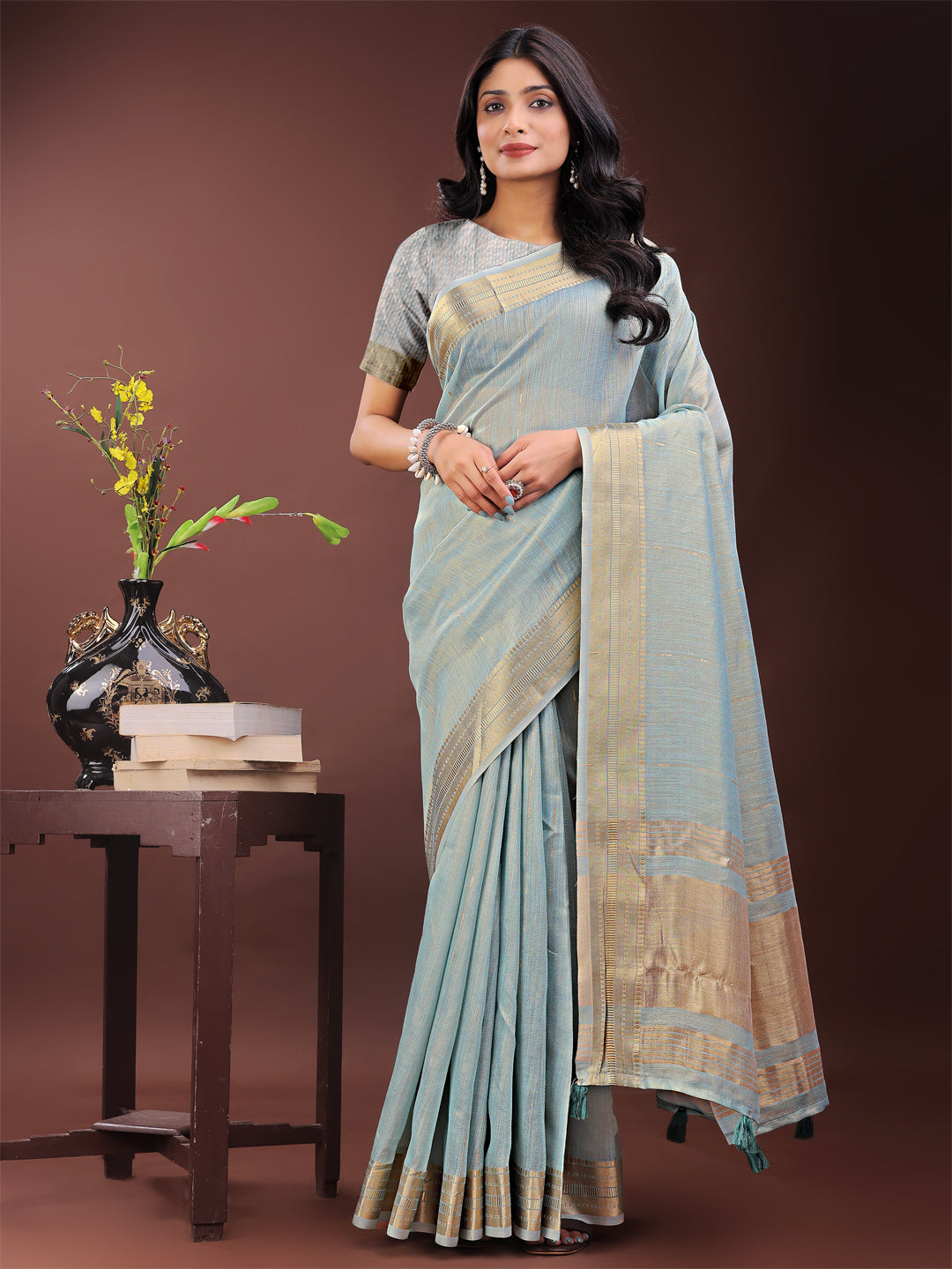 Astita Elegant Sky Blye Organza Saree with Golden Zari Border – Festive & Office Wear Saree with Blouse Piece