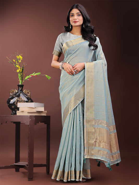 Astita Elegant Sky Blye Organza Saree with Golden Zari Border – Festive & Office Wear Saree with Blouse Piece